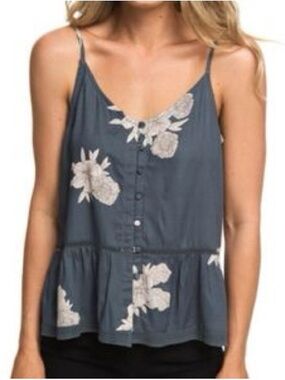 Roxy Dusty Grey Floral Button-Front Peplum Tank